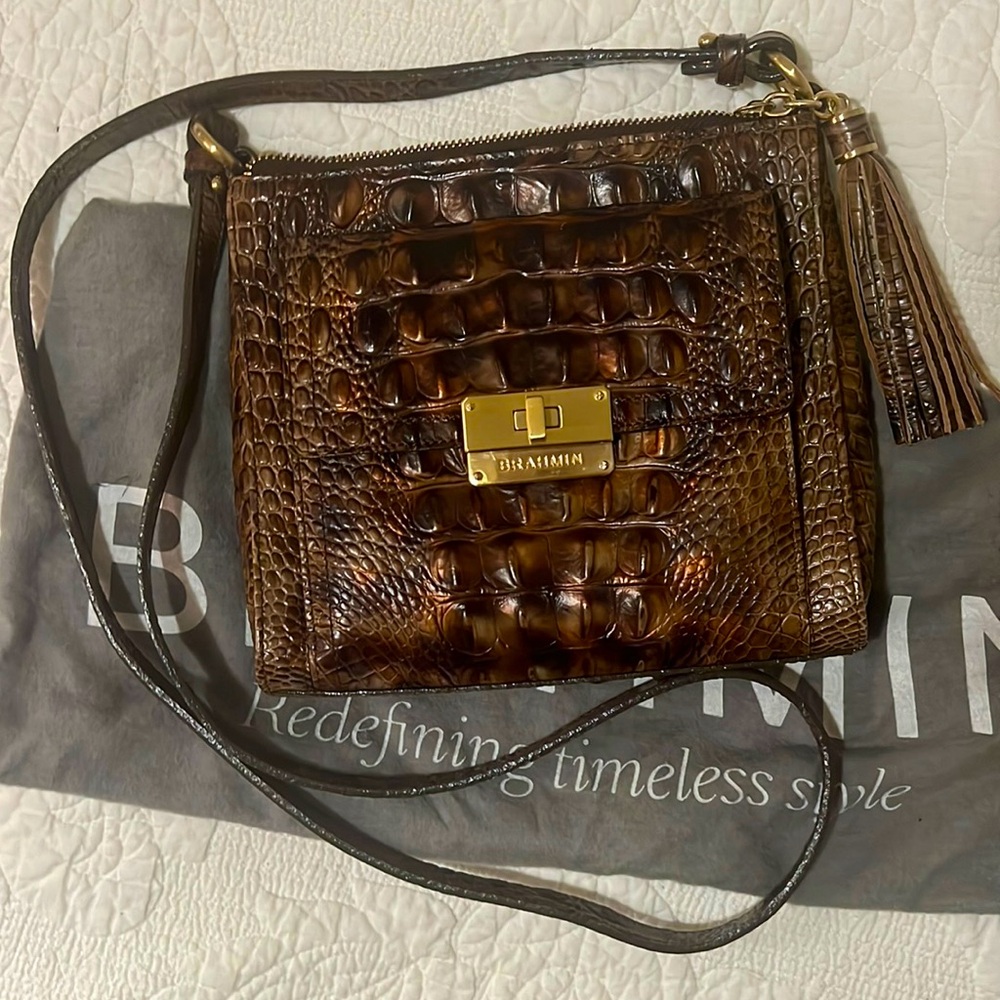 Bronze and brown alligator messenger/ crossbody